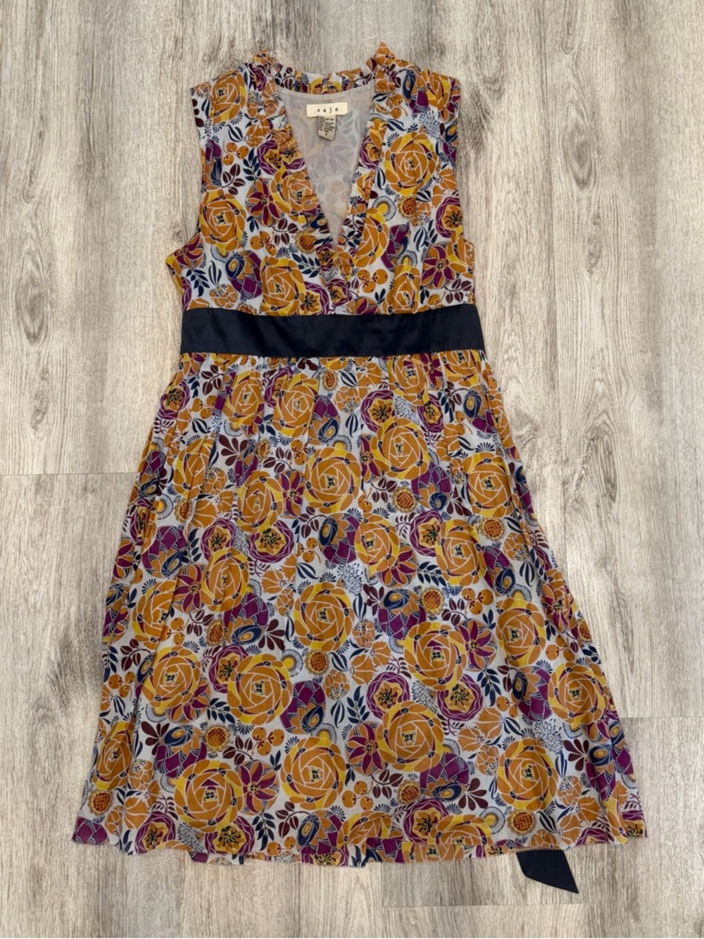 Saja Floral Cotton Dress Size 6 Boho Midi Tie Waist V-Neck
